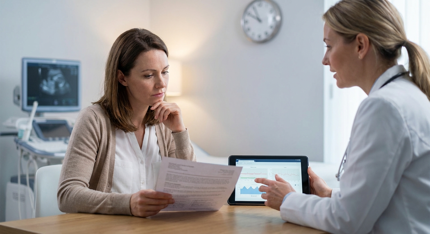 Female doctor using ultrasound scanner in modern medical clinic.