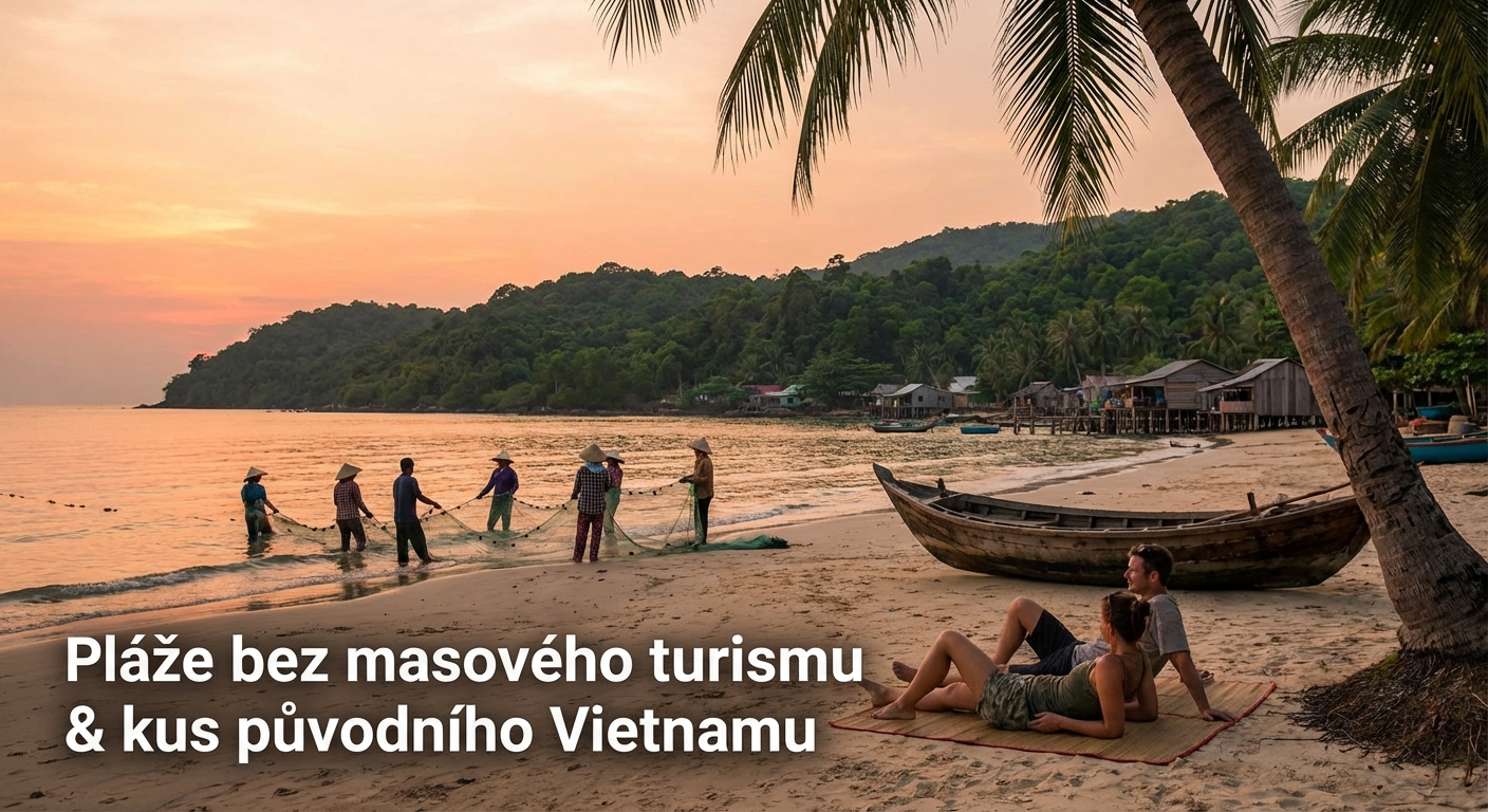 Aerial shot of a coastal village with boats docked along the shore in Phu Quoc, Vietnam.