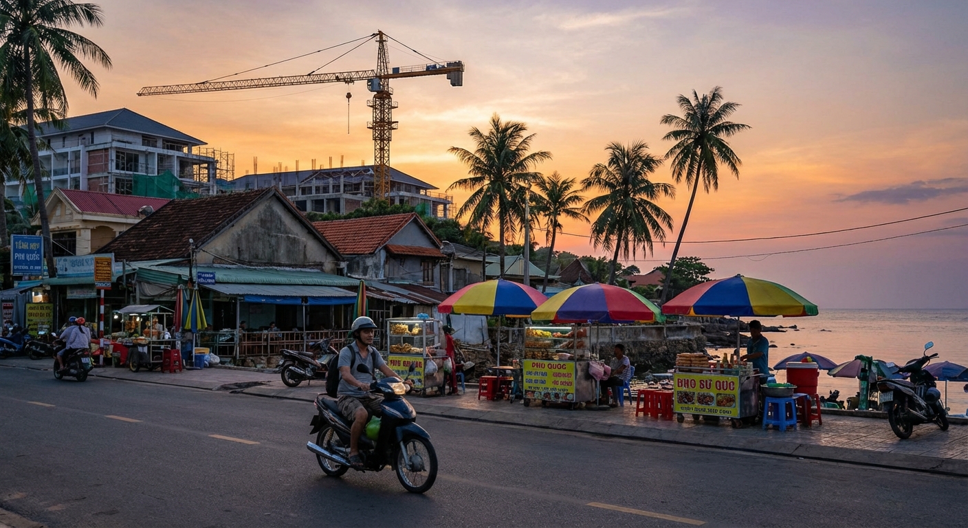 Beautiful temple by the beach in Phu Quoc, Vietnam showcasing traditional and modern architecture.