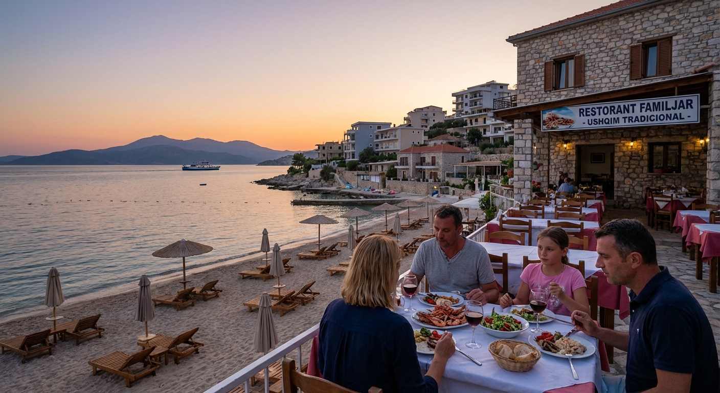 Tranquil beach scene in Izmir, Turkey with lifeguard post against a blue sky and ocean backdrop.