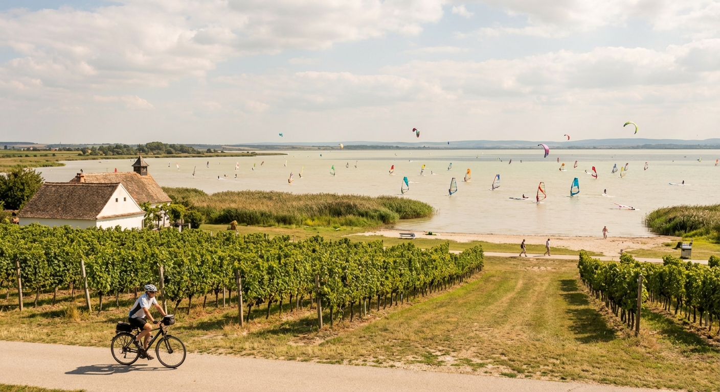 Peaceful scene of Lake Neusiedl with wooden posts and blue sky in Austria.