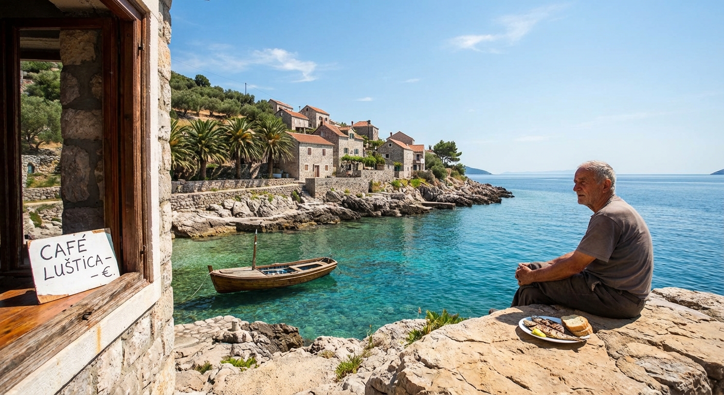 Stunning aerial view of a coastal town in Croatia with turquoise waters and lush greenery.