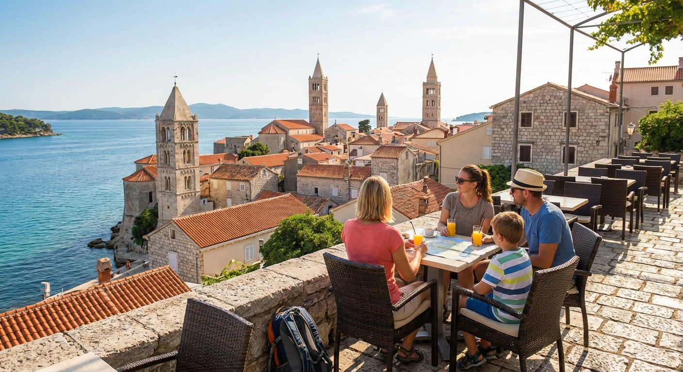 Stunning aerial view of a coastal town in Croatia with turquoise waters and lush greenery.