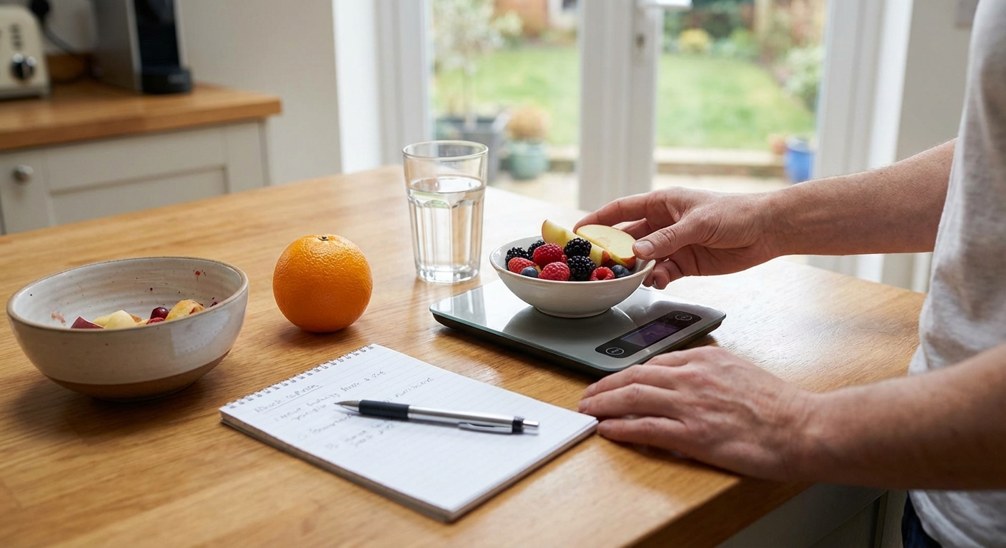 A vibrant red apple encircled by a blue measuring tape, symbolizing health and weight management.