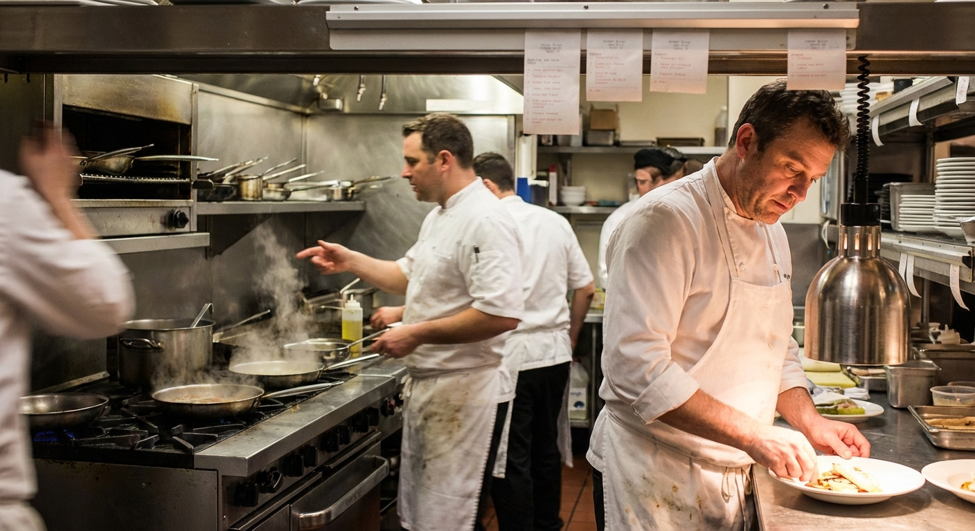 A chef in traditional attire prepares food in a kitchen setting, showcasing culinary skills.