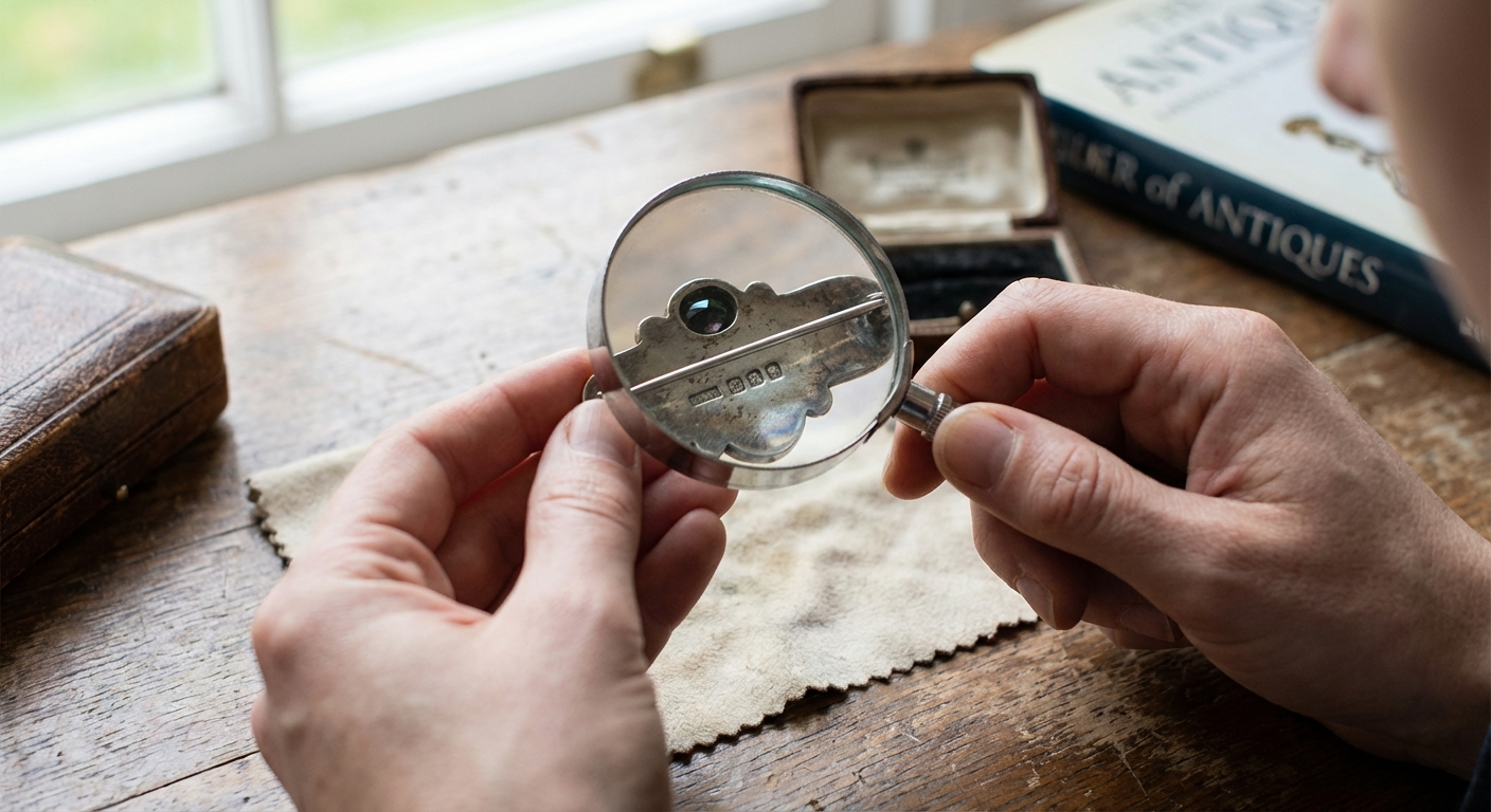 Aerial view of a vintage jewelry and antiques market display with various items for sale.