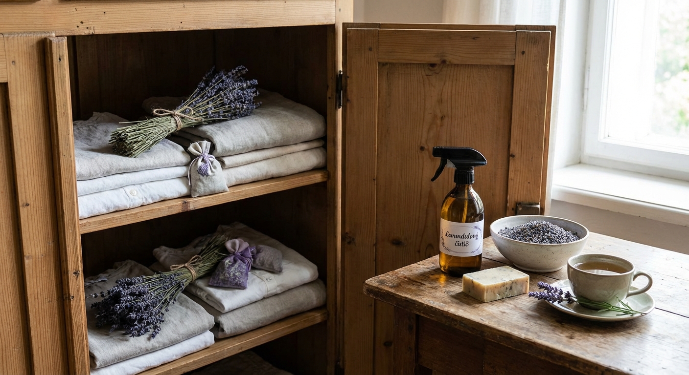 A delicate arrangement of dried French lavender in a clear glass vase, highlighting its natural beauty.