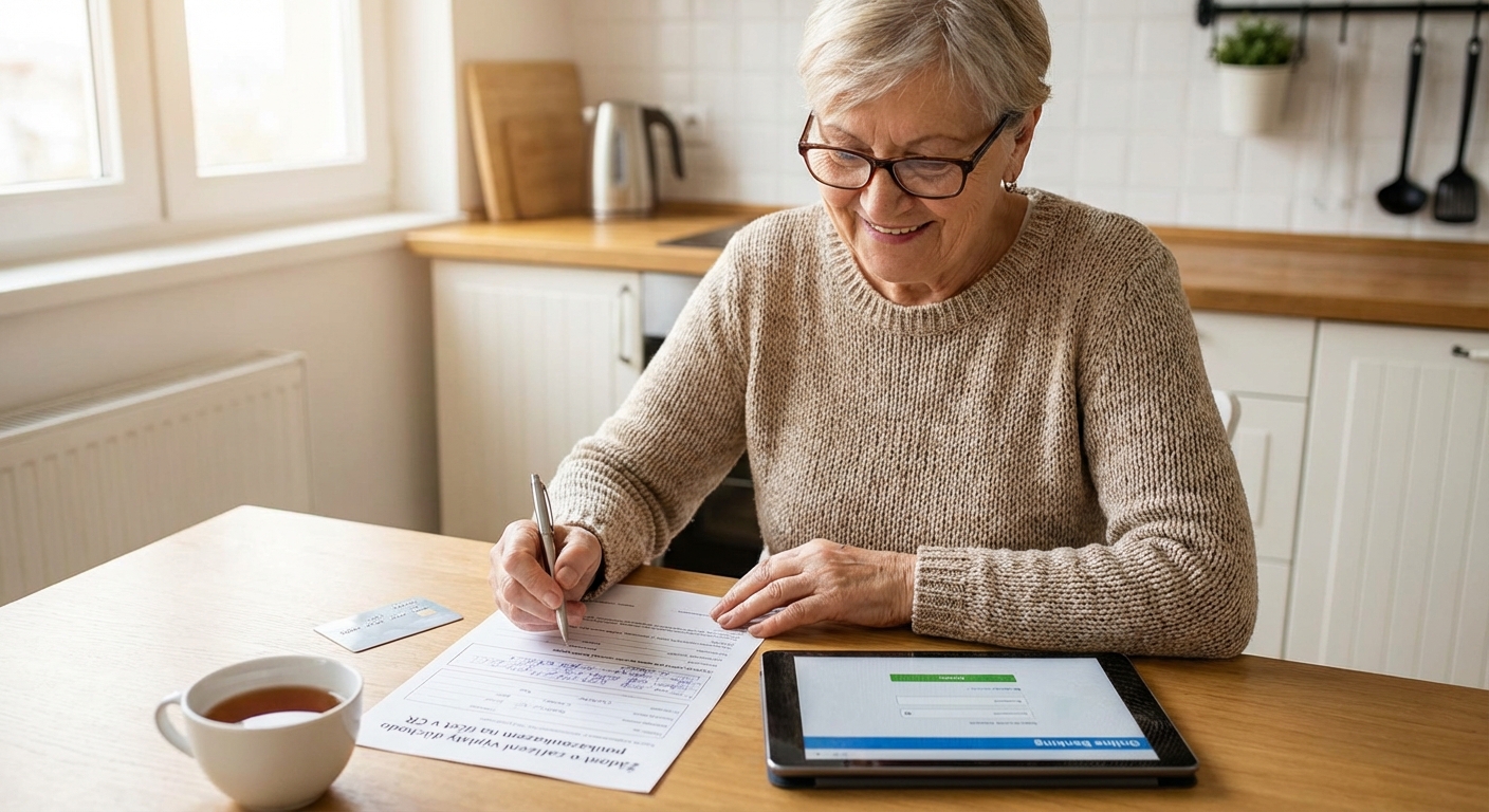 Elderly man at desk handling finances online with documents and laptop.