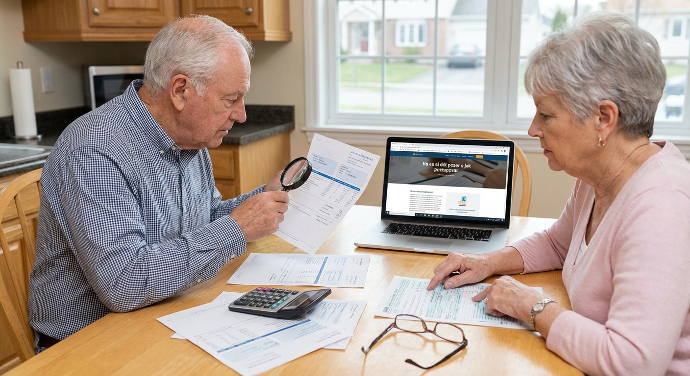 Close-up of a person writing in a notebook with documents and a calculator, managing finances.