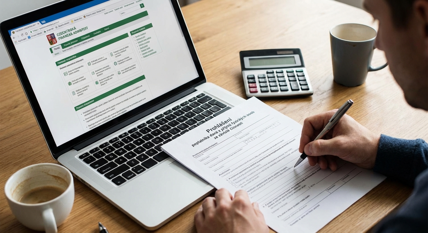 Close-up of a hand writing on tax documents with a black pen.