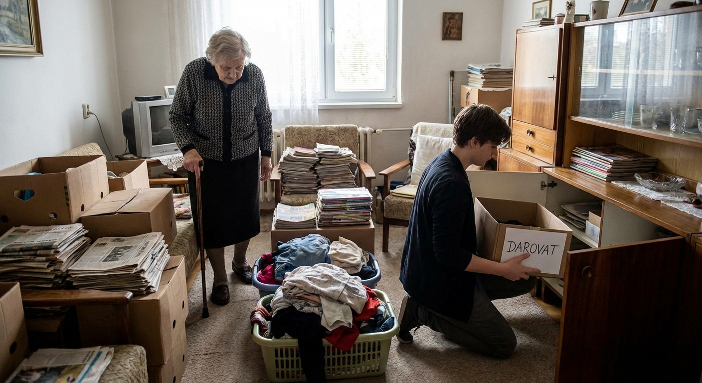 Young woman looking away while standing near table with rubbish in kitchen and collecting glass into special bucket