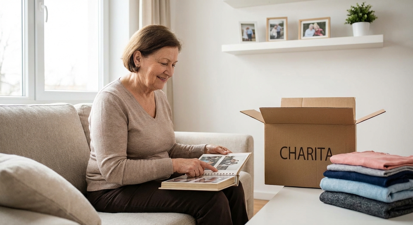 Elderly woman enjoying a magazine on a comfortable sofa in a modern living room.
