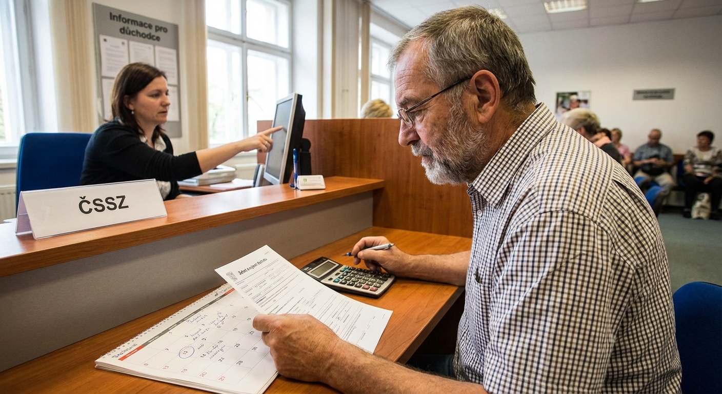A business professional in formal attire reviews documents with colored pencils at a desk.
