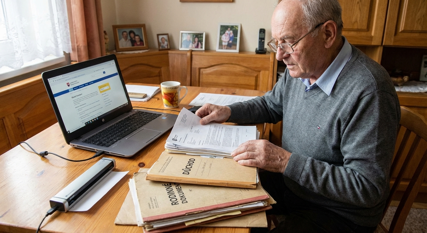 Close-up of hands organizing papers in a blue folder, ideal for business and office concepts.