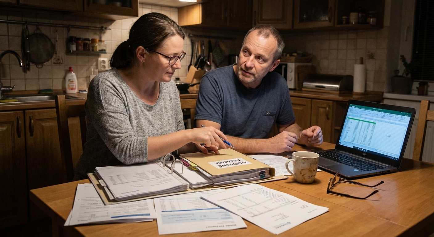 Elderly man in glasses carefully examines documents at home. Thoughtful and focused.