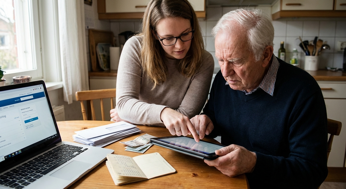 Senior adults using a tablet and credit card for online shopping indoors.