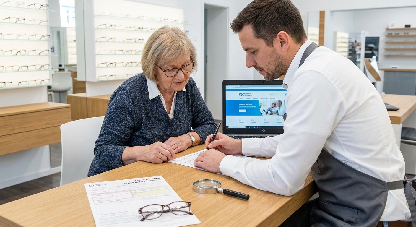 Close-up of contact lenses, case, and eyeglasses on a prescription form.