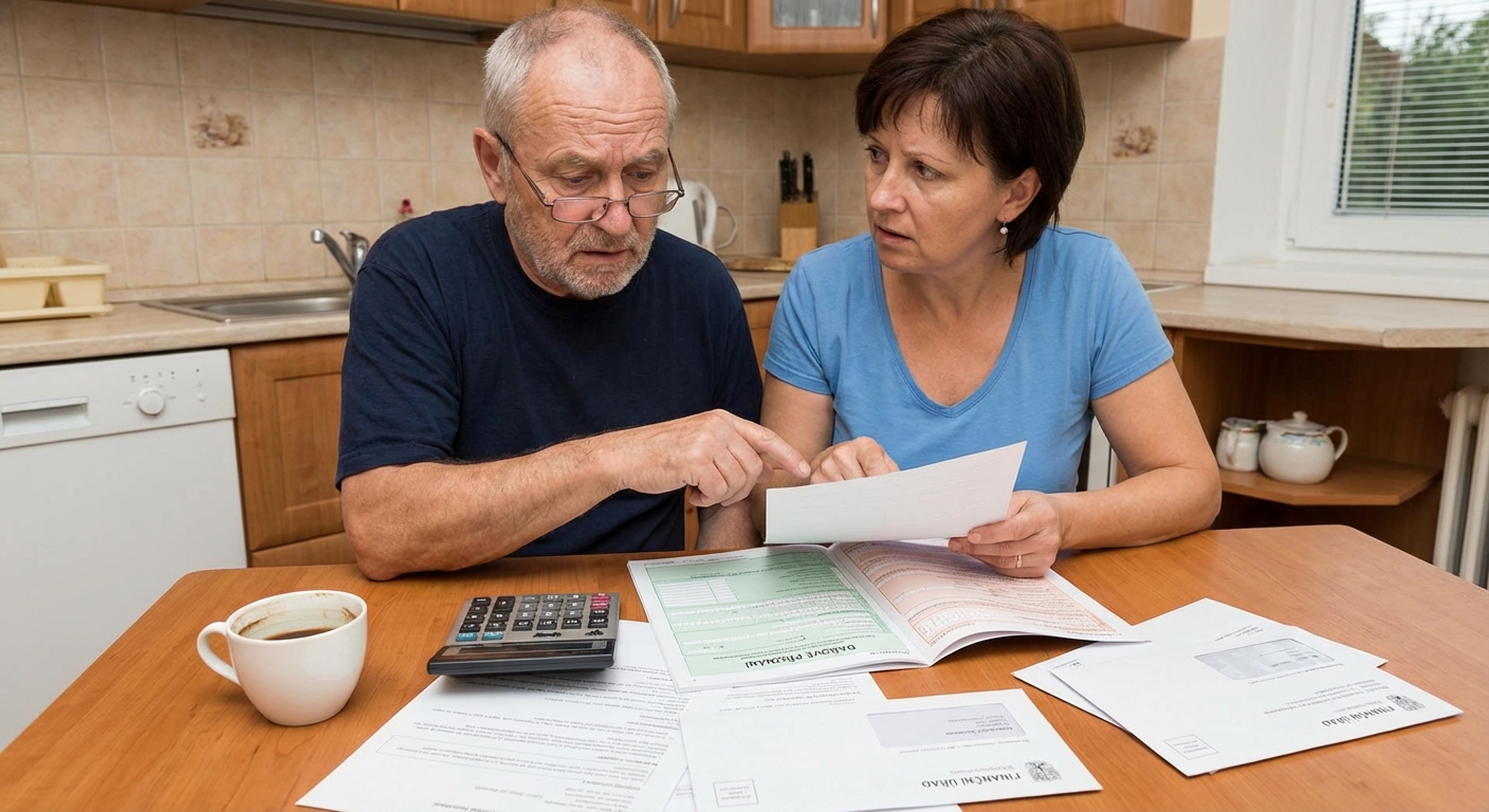 Close-up of a hand writing on tax documents with a black pen.