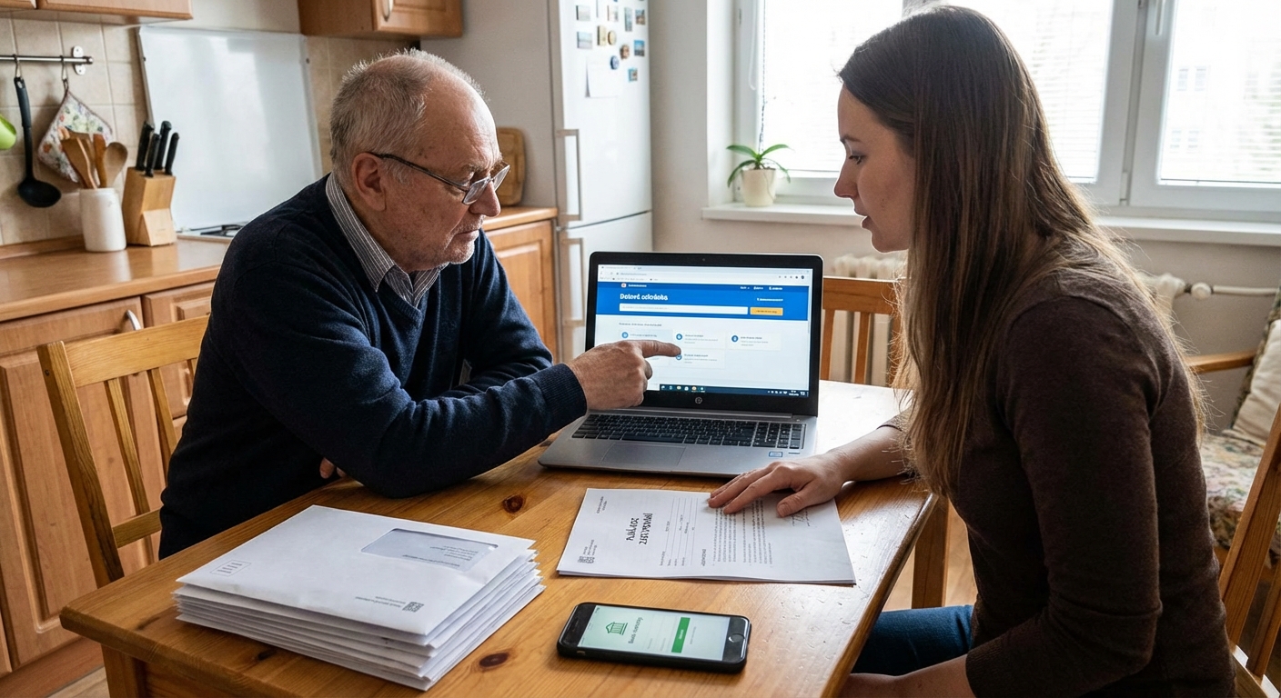 Elderly couple using a smartphone and laptop for online shopping indoors.