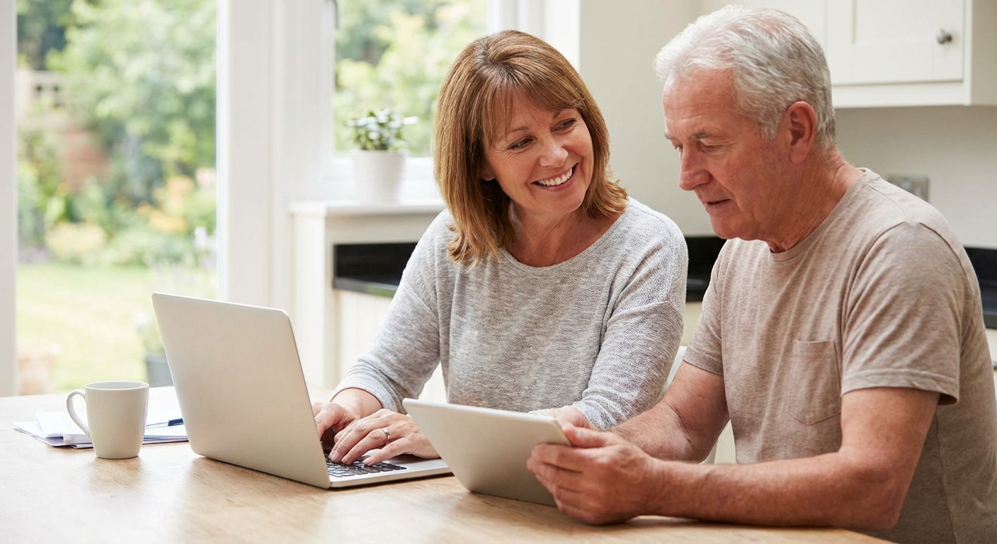 Elderly man with facial hair using phone at home desk, engaging in online activities in a comfortable setting.