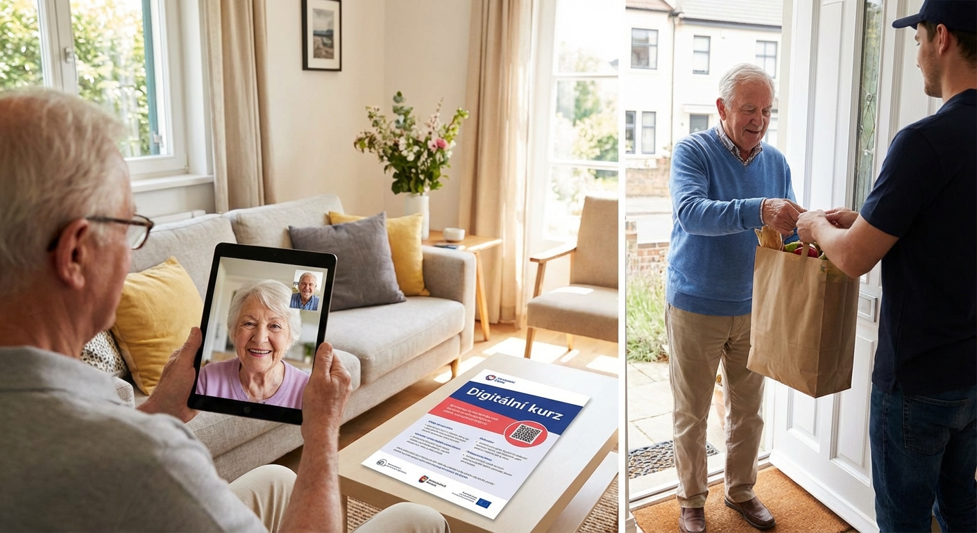 Smiling senior couple enjoying a video call on their laptop at home.