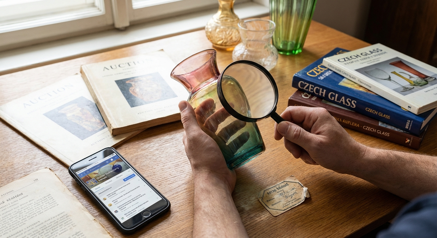 Eclectic assortment of vintage glassware and decor items displayed on a shelf in an antique store.