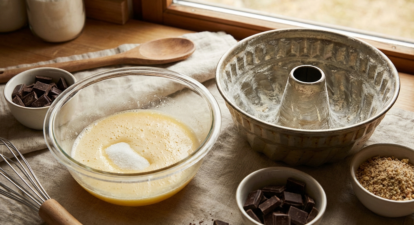 A delicious bundt cake positioned on floral-patterned plates with vintage lace and decor.