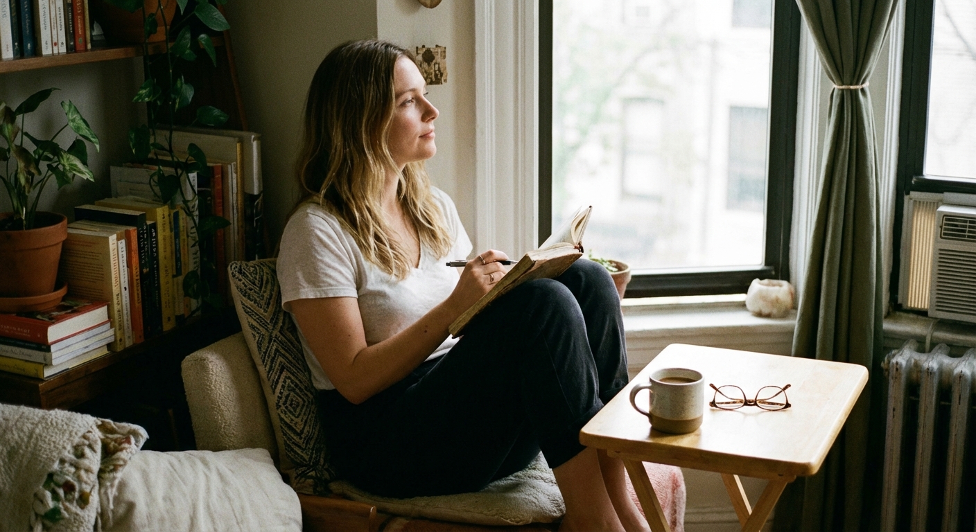 Young woman in jeans and white top lying curled on floor, expressing vulnerability and introspection.