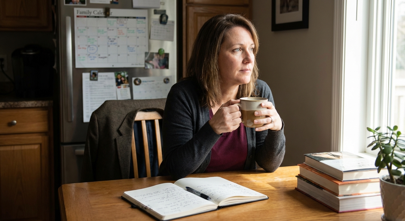 Serene woman in black and white, eyes closed, sitting by a bed in a tranquil indoor setting.