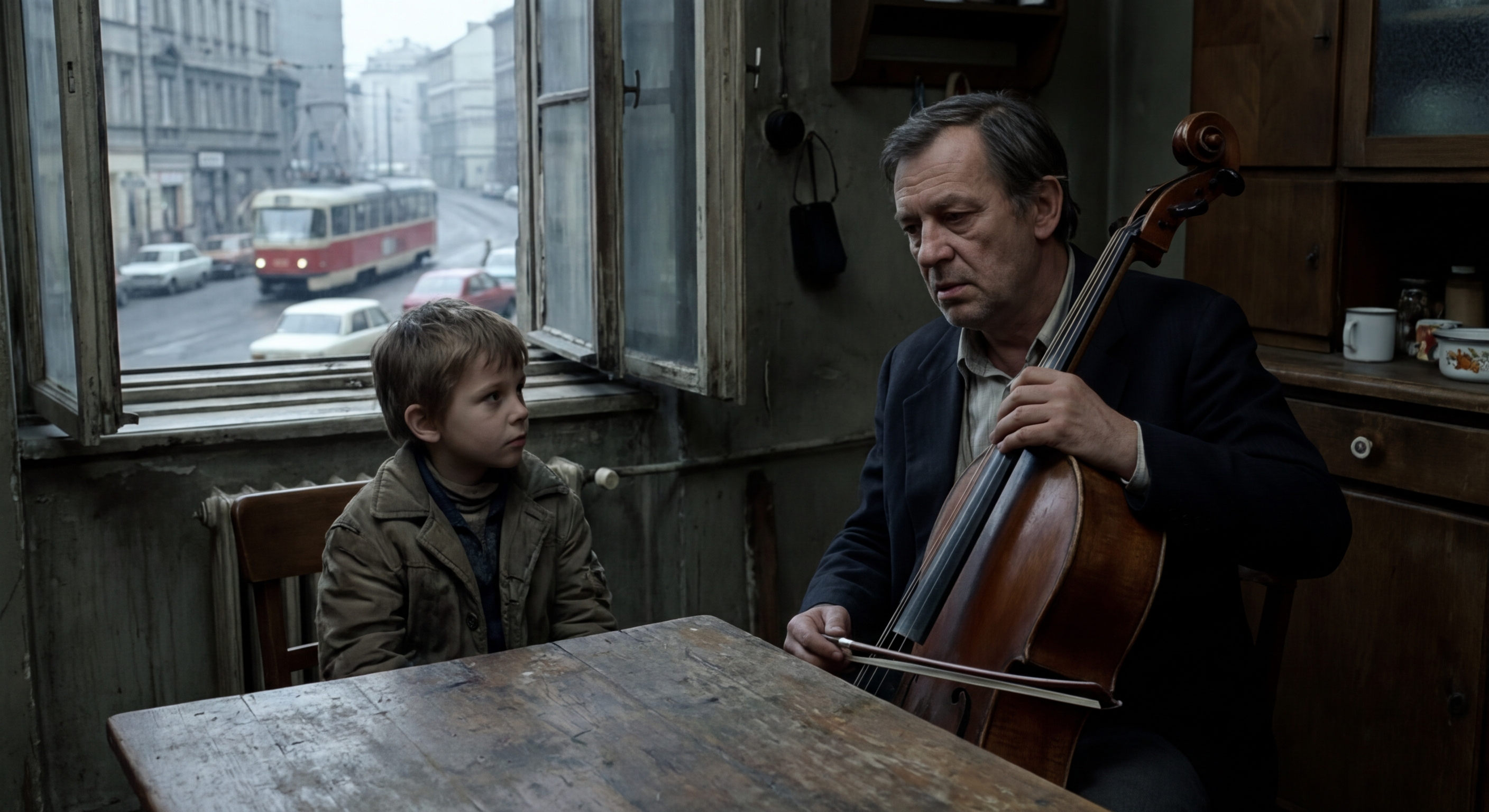 A young man plays the cello outdoors during sunset, creating a serene musical atmosphere.