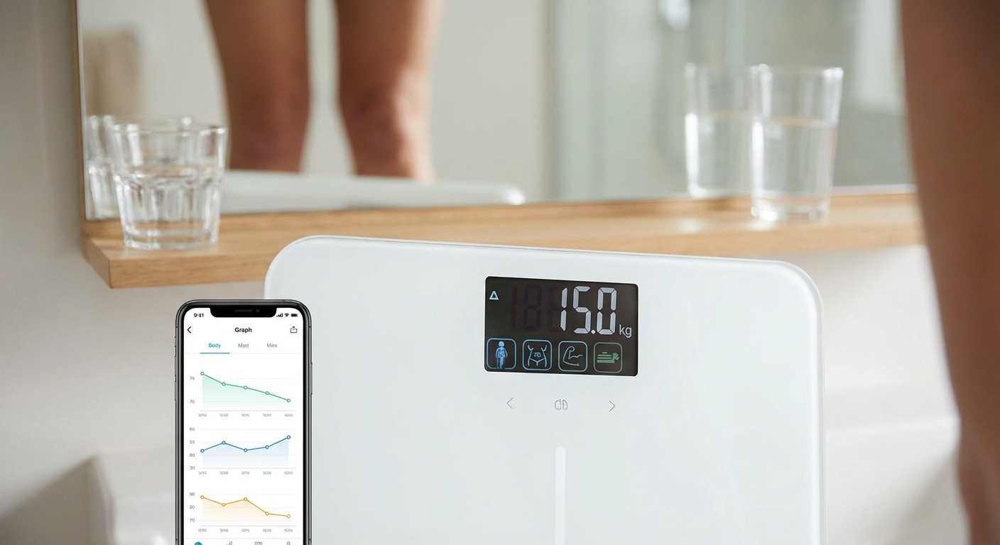 Overhead view of feet on a smart scale atop a decorative carpet, focusing on balance and health.