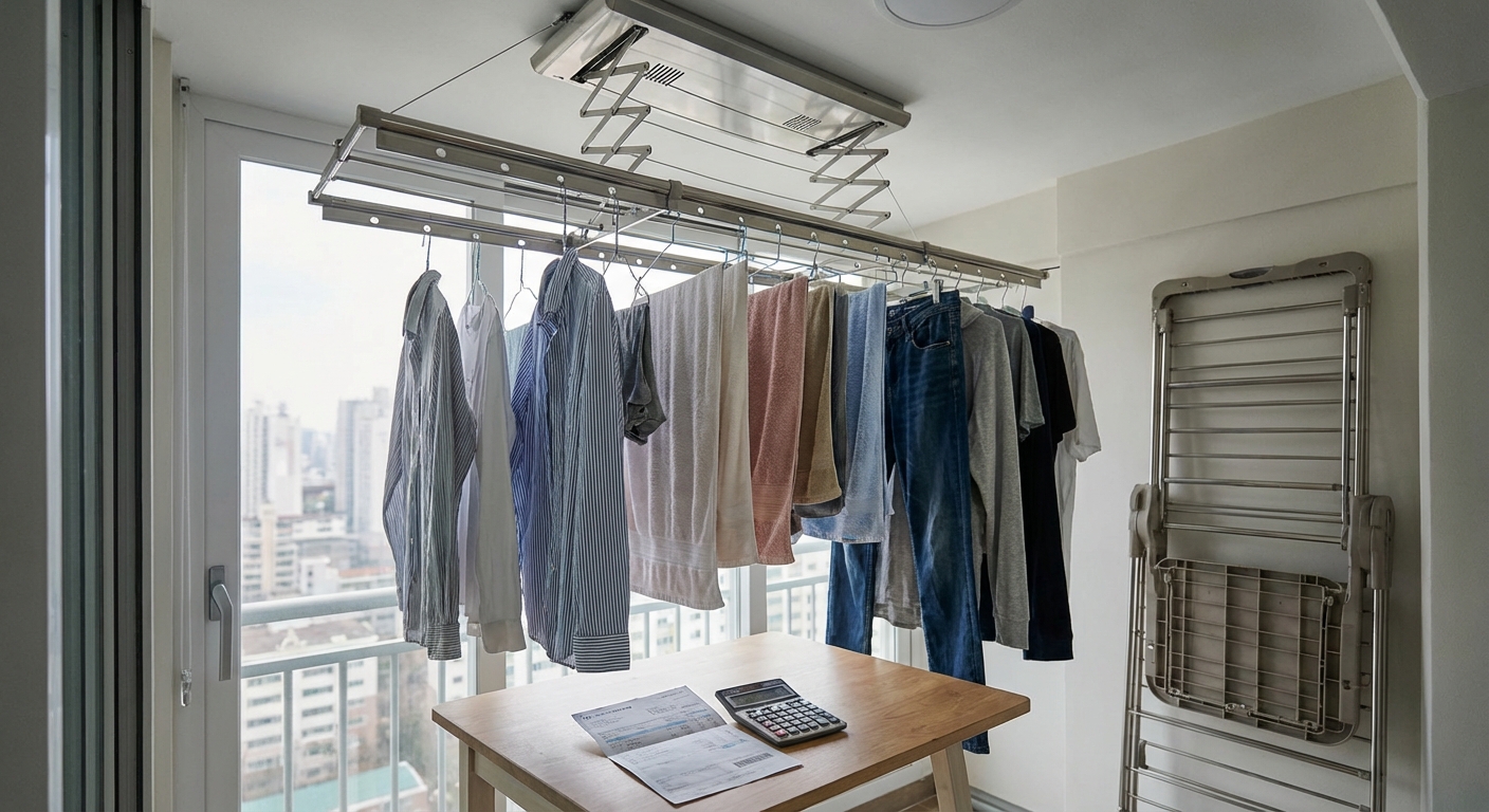 A young man handling laundry with a drying rack in a modern indoor setting.