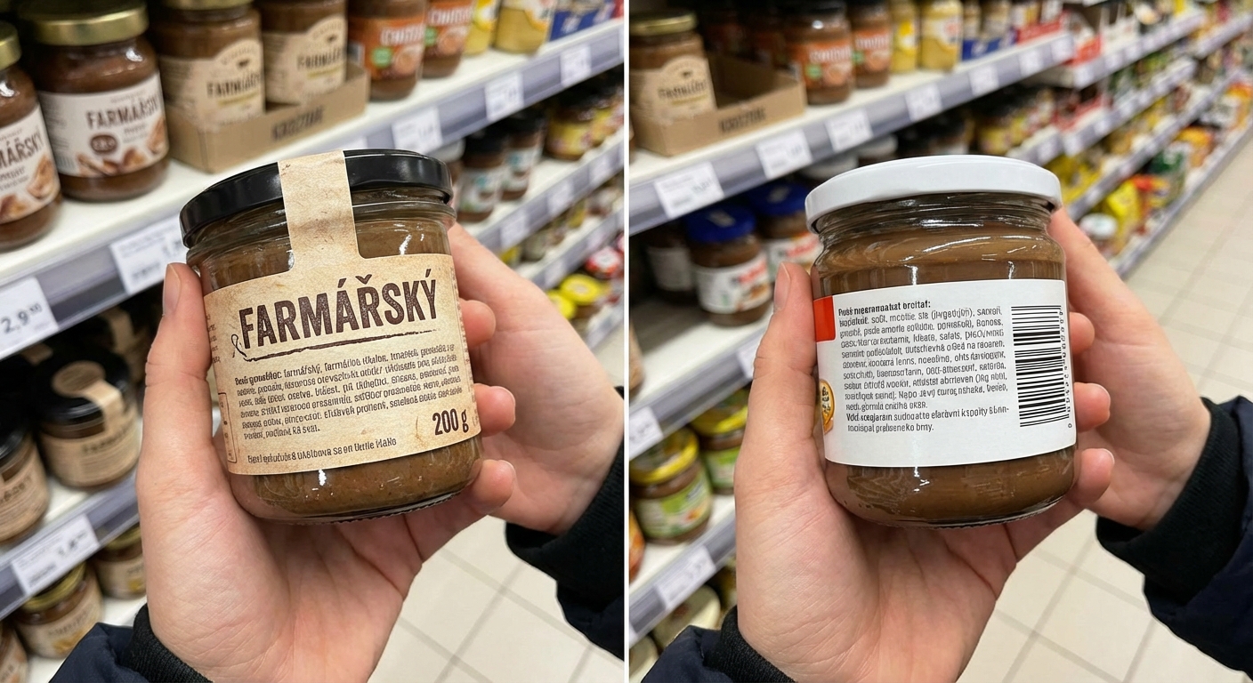 Wide view of a fully stocked supermarket aisle with jars and various products on shelves.