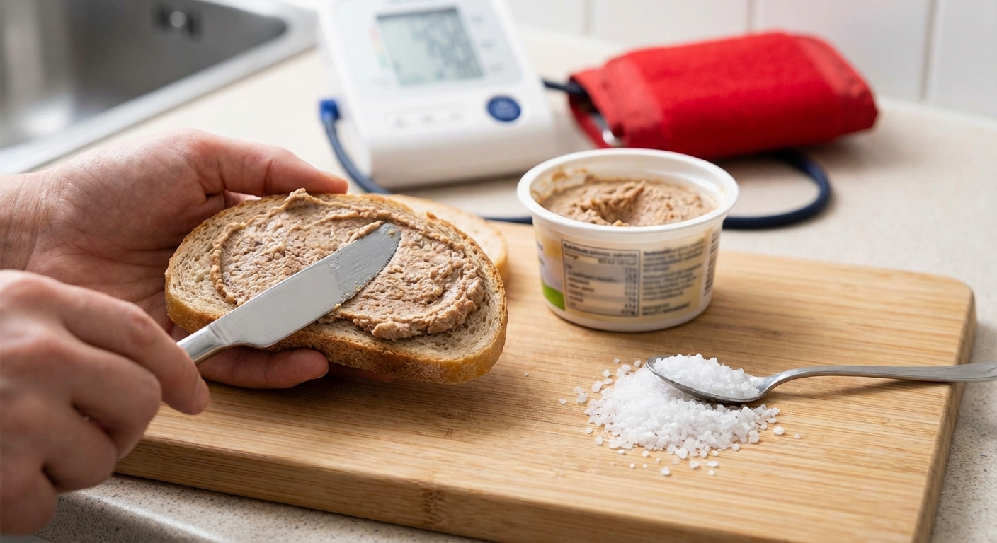 Bowl of chickpeas with cooking tools and spices on kitchen counter.