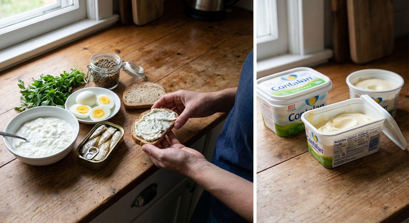Close-up of creamy hummus with lemon slices and sesame seeds on a black plate.