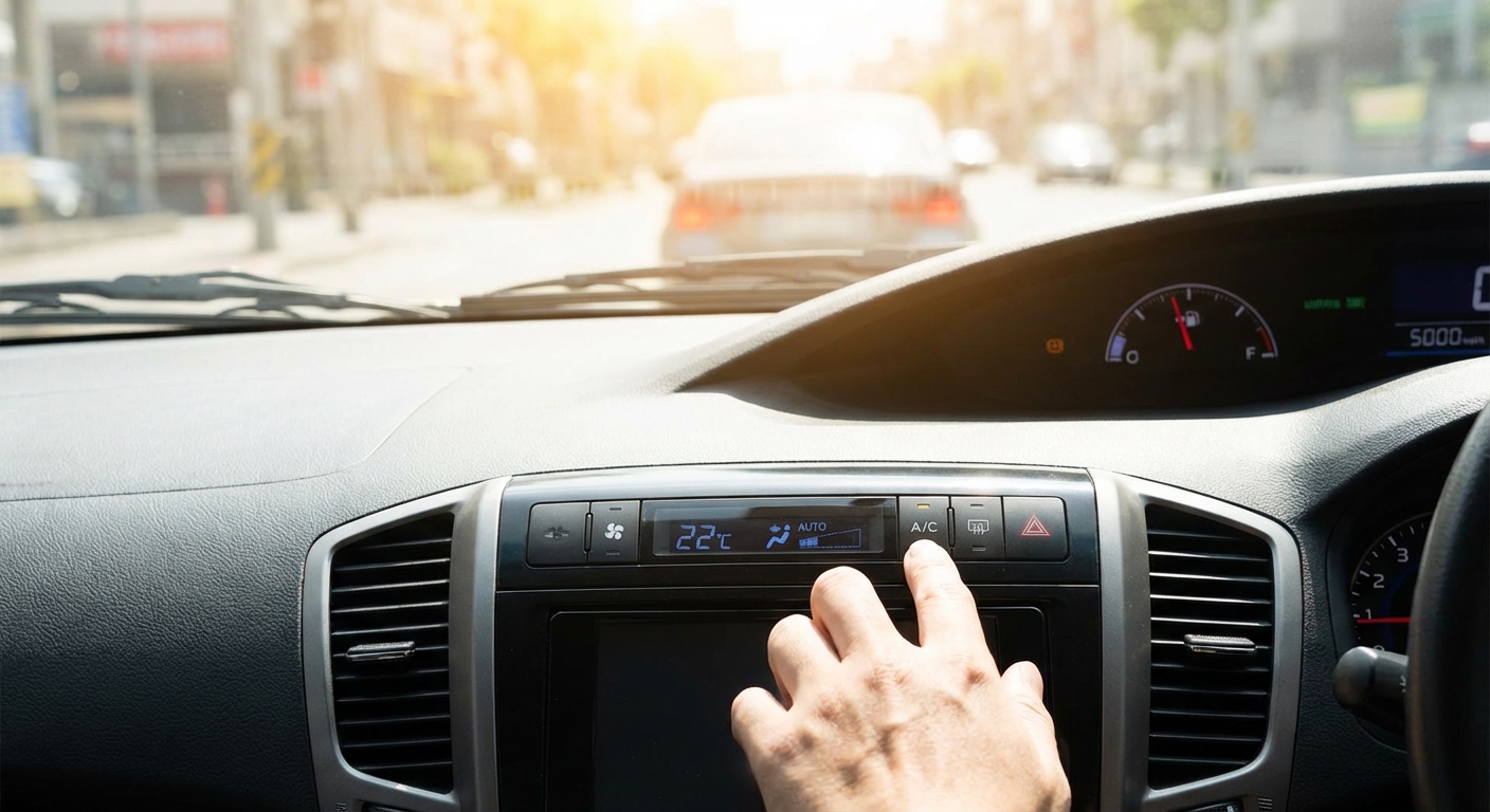 Close-up of a car's dashboard showing AC and media controls, dials, and electronic switches.