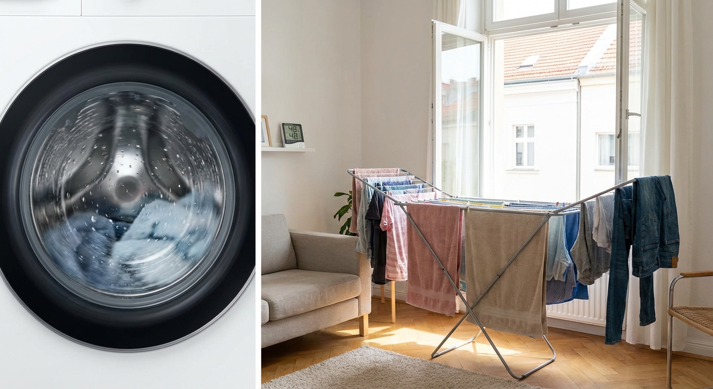 Industrial washing machines with blue towels in a laundry facility.