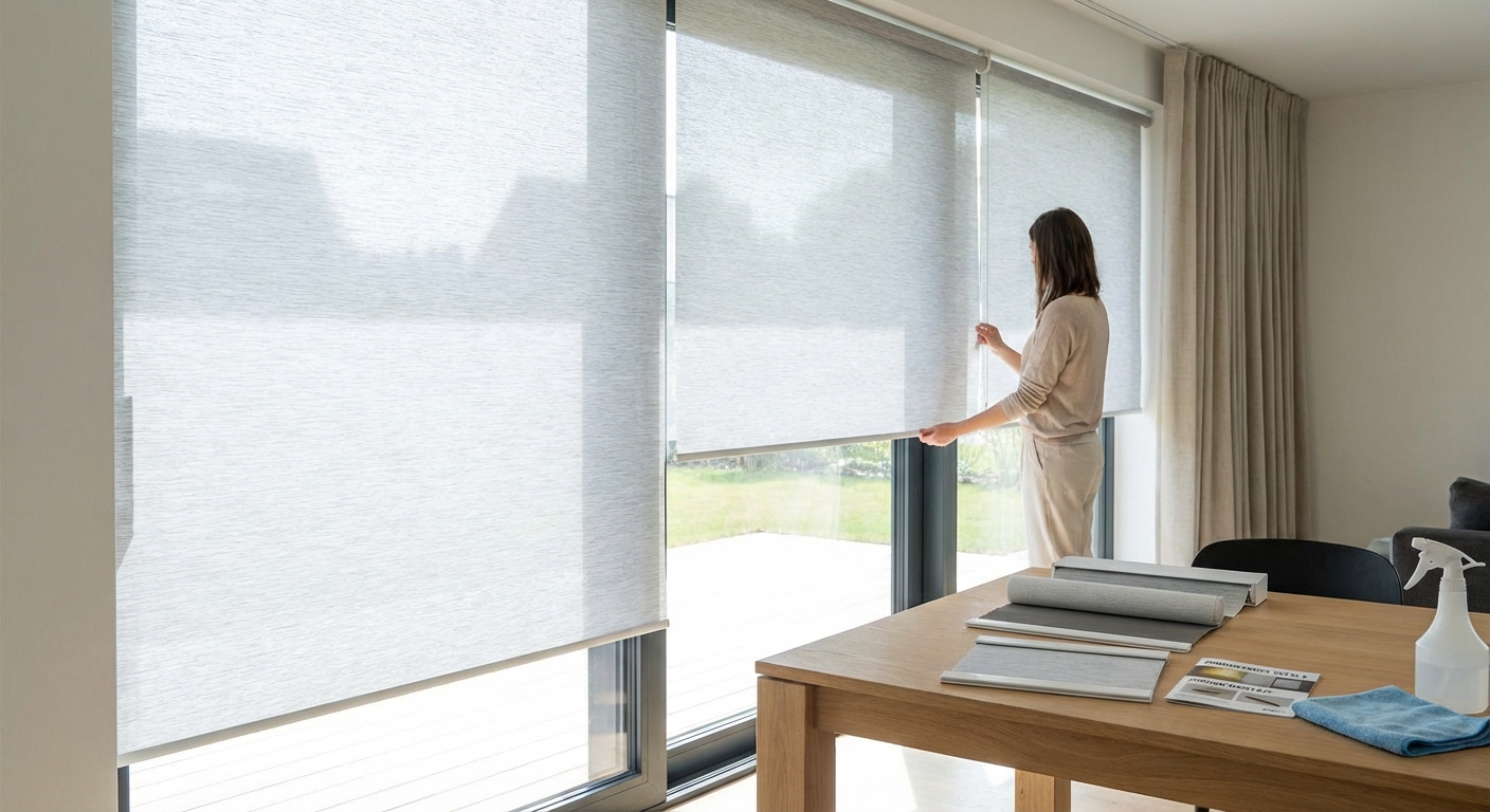Modern kitchen interior with decorative vase on shelf of cabinet and window blind against table in house