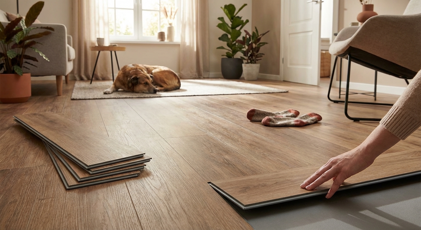 Spacious, minimalist bedroom with a wooden floor and modern design elements.
