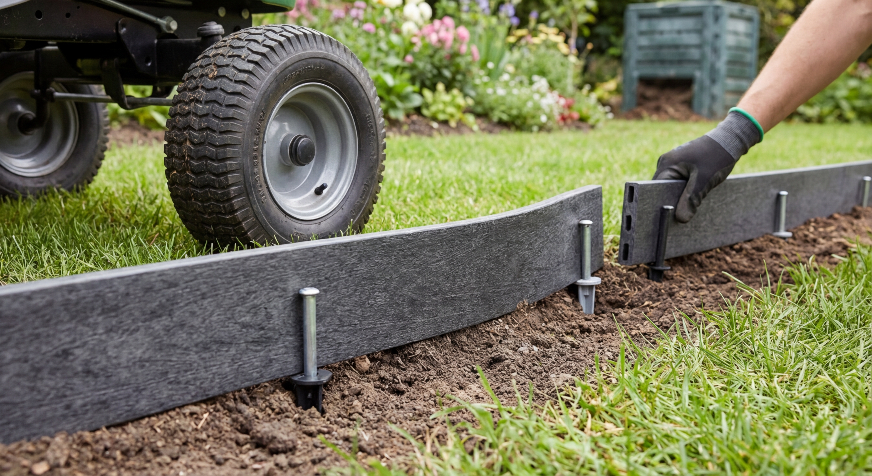 A person operating a lawn mower on green grass, featuring gardening tools and lush foliage.