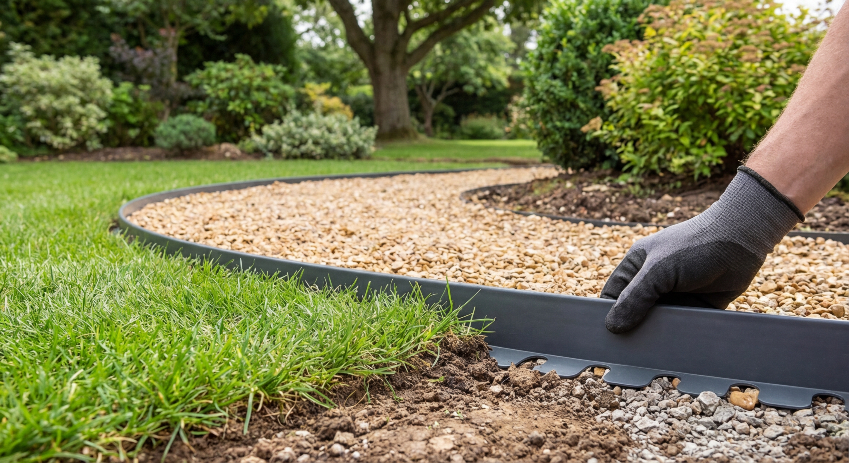 A person operates a lawnmower on a sunny day, trimming grass in a garden setting.