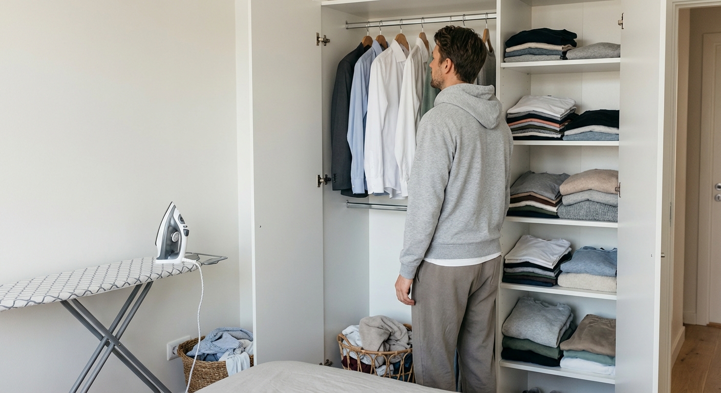 A man uses a steam iron to remove wrinkles from a white shirt hanging on a rack indoors.