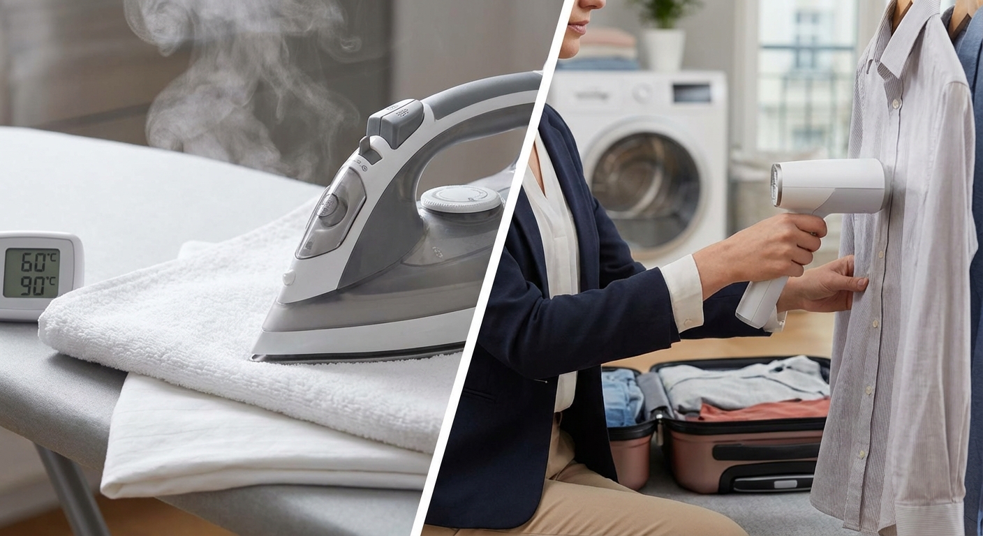 A man uses a steamer to freshen a white shirt on a clothing rack in a minimalist home interior.