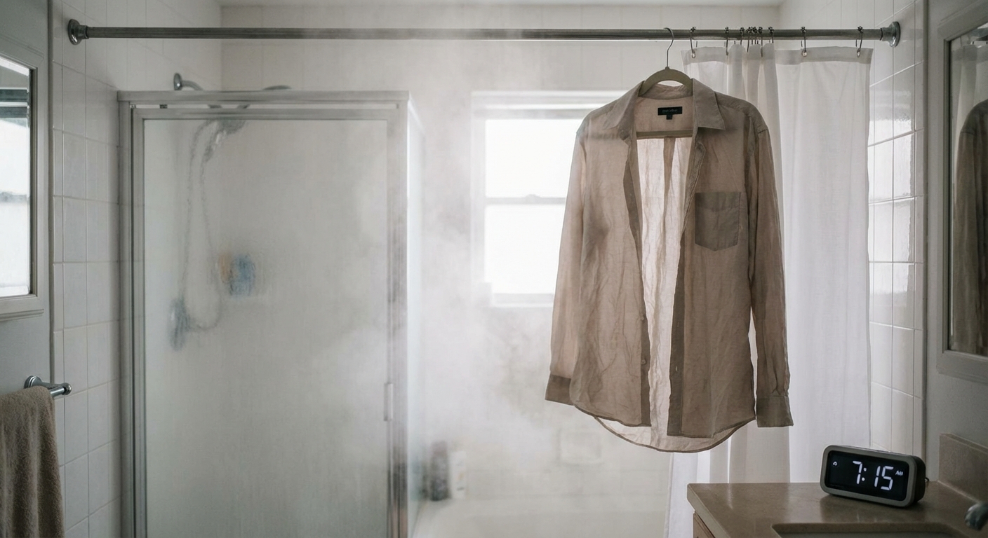 A man uses a steam iron on a white shirt indoors, highlighting daily household chores.