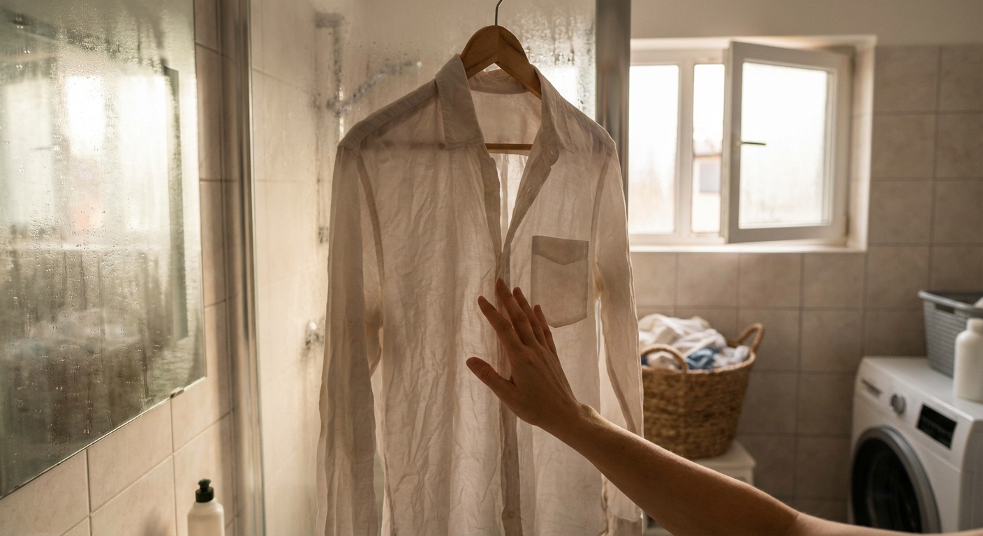 A person using a steam iron on a pink ironing board indoors, focusing on household chores.