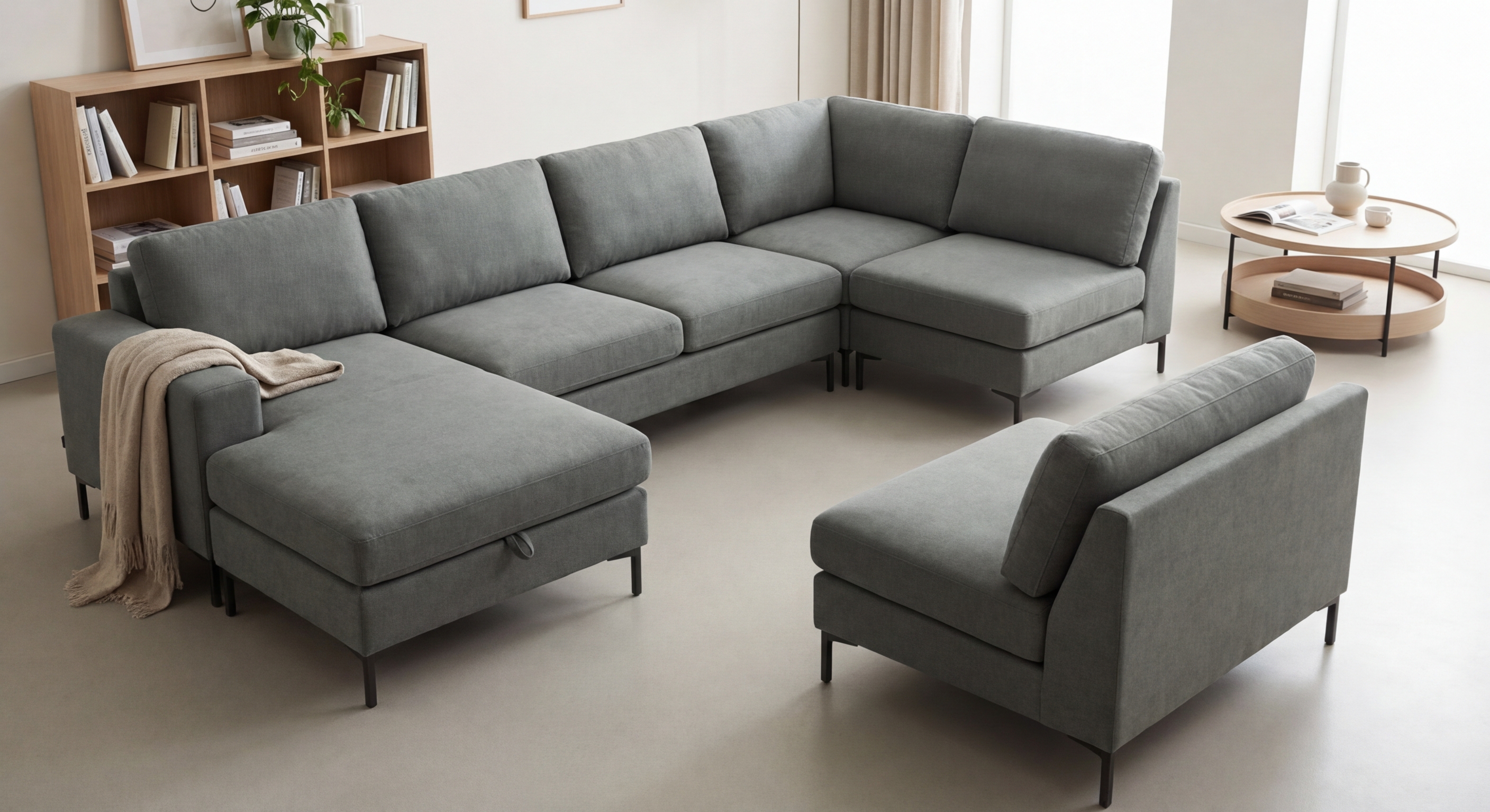 Sleek and modern apartment interior featuring grey wardrobe and sofa, ideal for space-saving living.