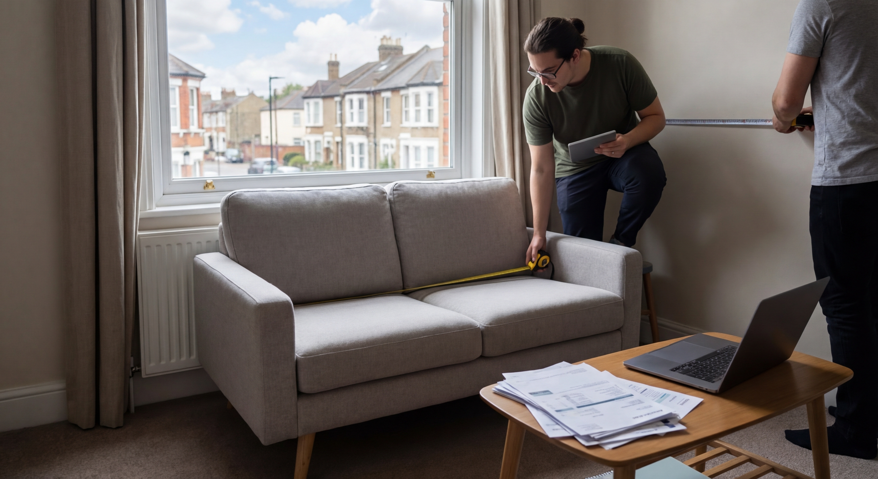 Stylish apartment interior with a brick wall, orange sofa, and wooden furniture.