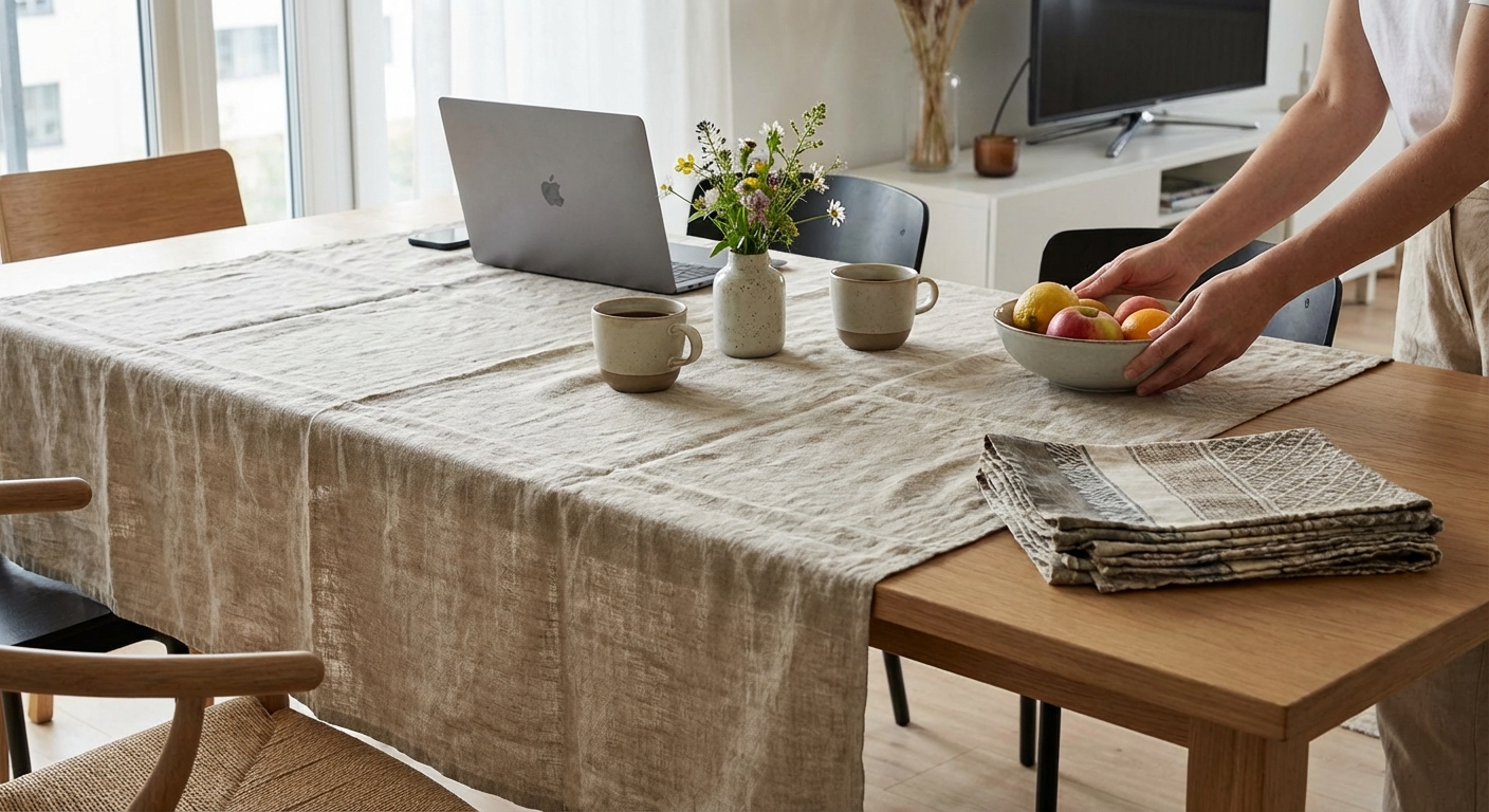 Modern dining room with white chairs and table, featuring a floral arrangement and natural light.