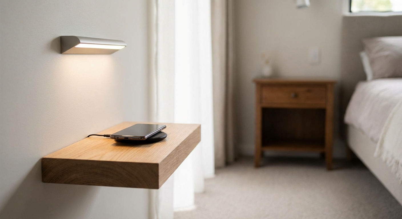 A beautifully designed modern bedroom featuring a wall-mounted TV, elegant curtains, and soothing ambient lighting.