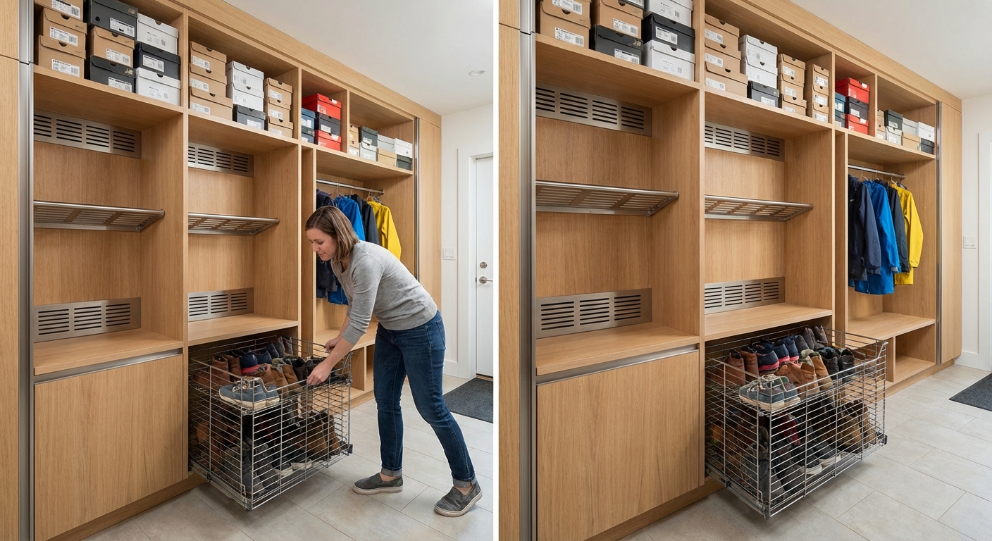 Stylish modern hallway featuring wooden walls, storage, and decorative elements.